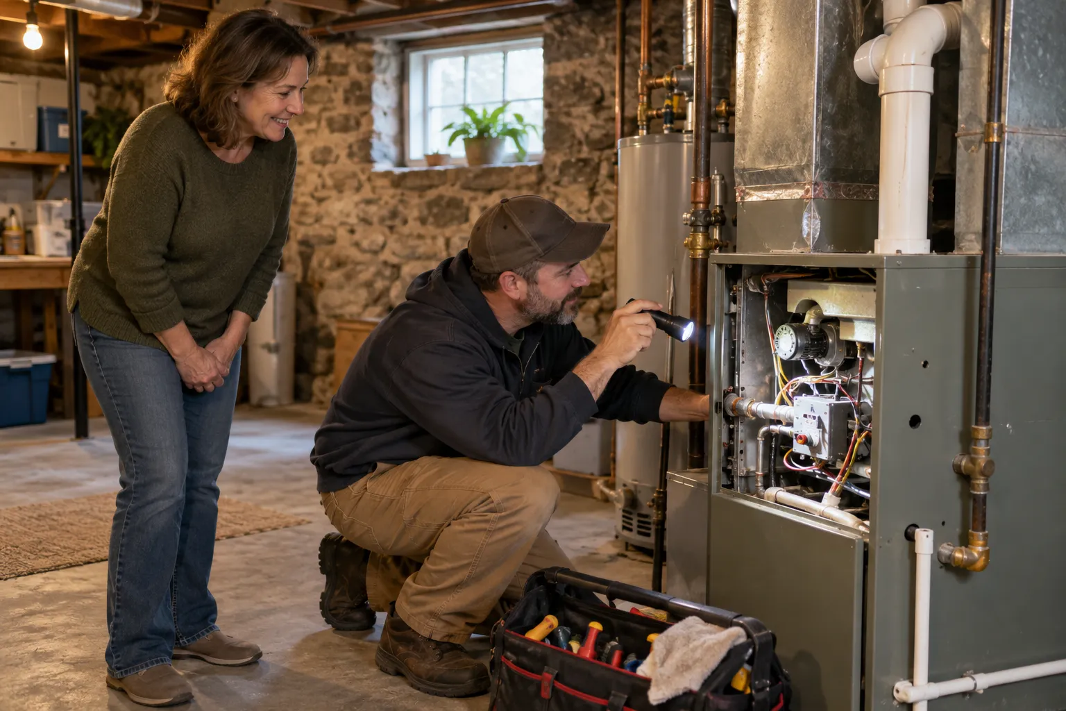 A provider checking a furnace in a home basement in the Pittsburgh area